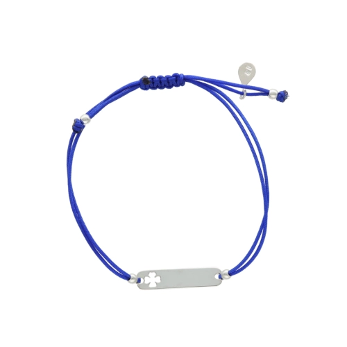 Bransoletka sznurkowa blaszka koniczynka niebieska srebro