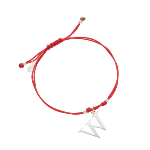 Bransoletka sznurkowa litera W czerwona srebro