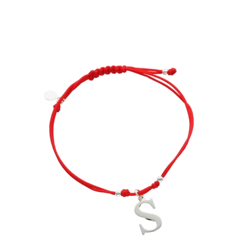 Bransoletka sznurkowa litera S czerwona srebro