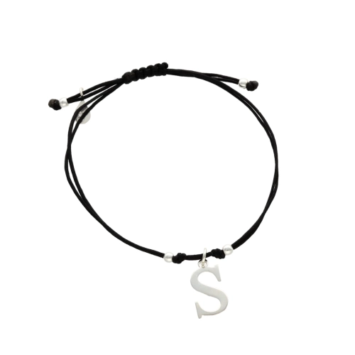 Bransoletka sznurkowa litera S czarna srebro