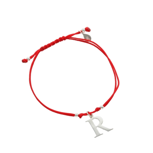 Bransoletka sznurkowa litera R czerwona srebro