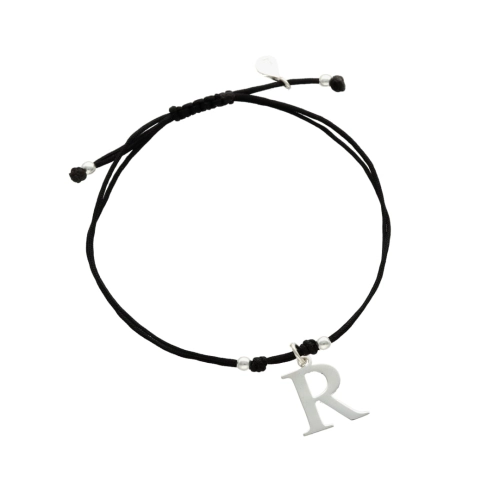 Bransoletka sznurkowa litera R czarna srebro