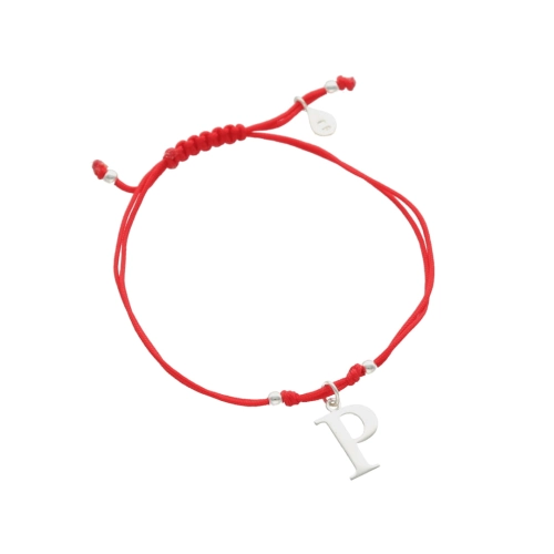 Bransoletka sznurkowa litera P czerwona srebro