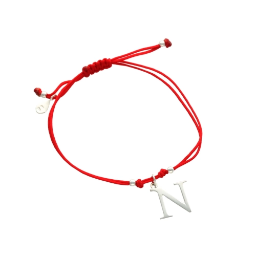 Bransoletka sznurkowa litera N czerwona srebro 