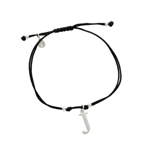 Bransoletka sznurkowa litera J czarna srebro