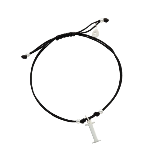 Bransoletka sznurkowa litera I czarna srebro