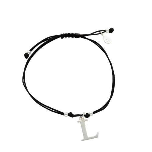 Bransoletka sznurkowa litera L czarna srebro