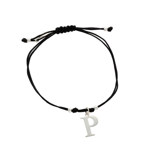 Bransoletka sznurkowa litera P czarna srebro