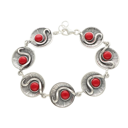 Bransoletka kółka z koralem srebro oksydowane 