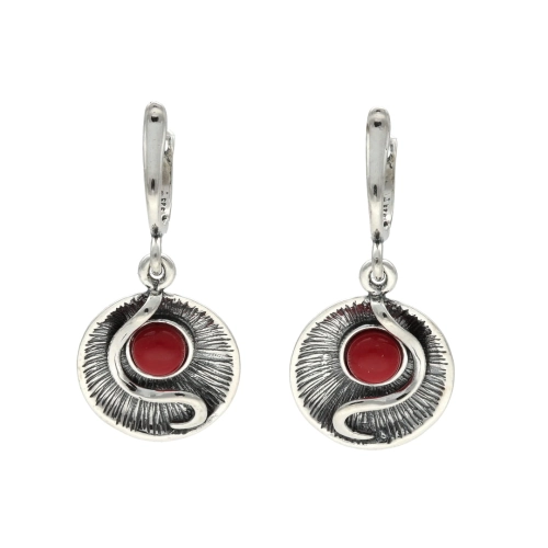 Kolczyki z koralem kółka srebro oksydowane