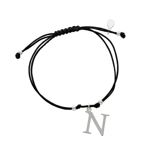 Bransoletka sznurkowa litera N czarna srebro