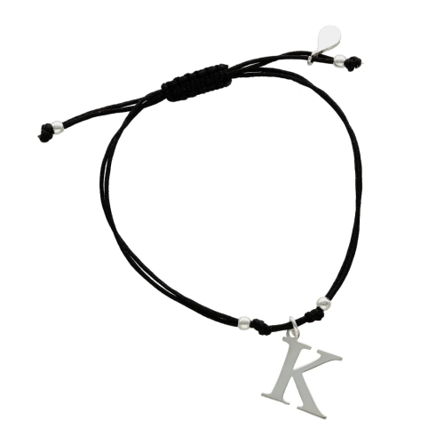 Bransoletka sznurkowa litera K czarna srebro