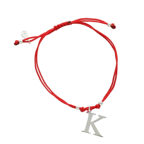 Bransoletka sznurkowa litera K czerwona srebro