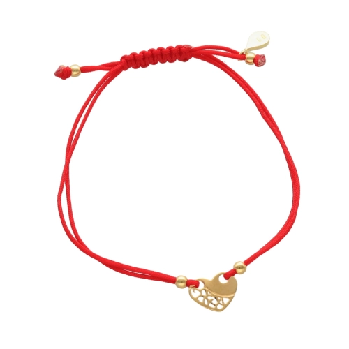 Bransoletka sznurkowa serce czerwona srebro pozłacane 