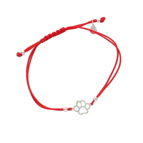 Bransoletka sznurkowa łapa psa czerwona srebro
