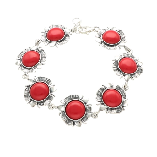 Bransoletka z koralem kwiatek srebro