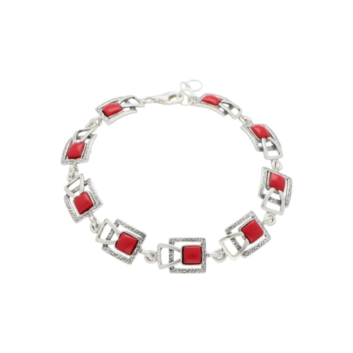 Bransoletka kwadratowa z koralem srebro