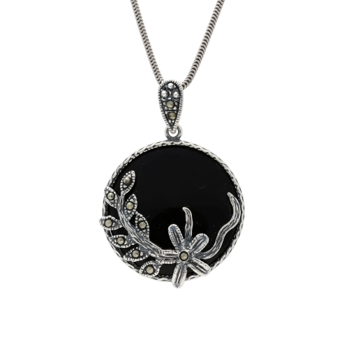 Wisior okrągły z markazytami i onyksem srebro