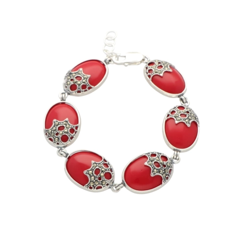 Bransoletka owalna z markazytami i koralem srebro