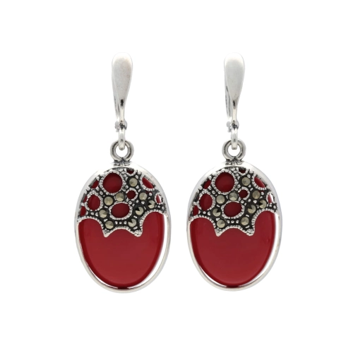 Kolczyki owalne z markazytami i koralem srebro