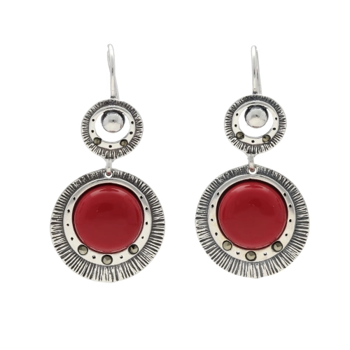 Kolczyki z markazytami i koralem srebro