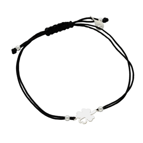 Bransoletka sznurkowa koniczynka czarna srebro