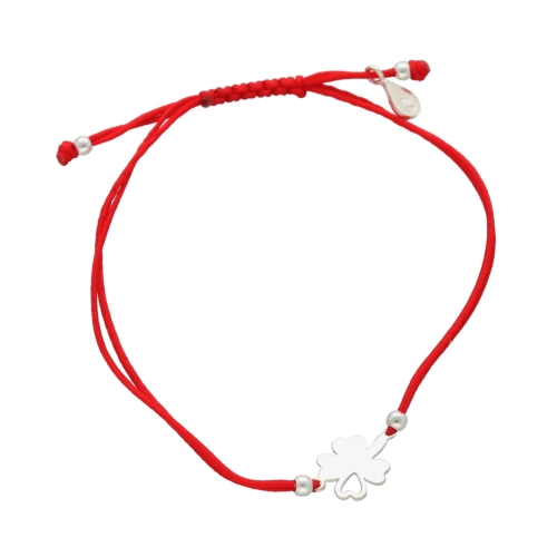 Bransoletka sznurkowa koniczynka czerwona srebro