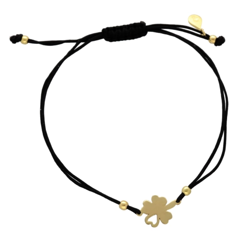 Bransoletka sznurkowa koniczynka czarna pozłacana