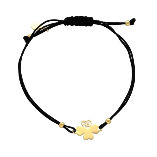 Bransoletka sznurkowa koniczynka czarna pozłacana