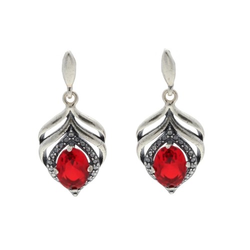 Kolczyki liście z czerwoną cyrkonią srebro oksydowane