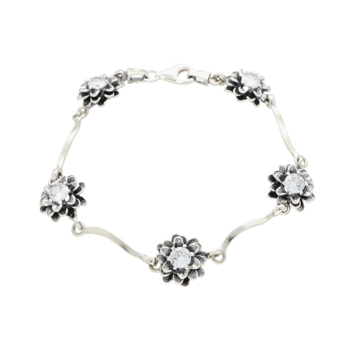 Bransoletka chryzantema z białą cyrkonią srebro oksydowane