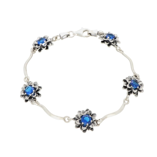 Bransoletka chryzantema z szafirową cyrkonią srebro oksydowane