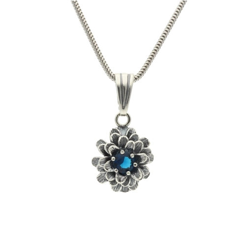 Wisior chryzantema z szafirową cyrkonią srebro oksydowane
