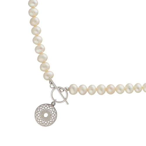 Naszyjnik z perłami z małym ażurem 50cm srebro rodowane