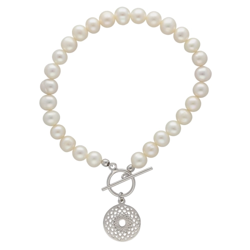 Bransoletka z perłami z małym ażurem srebro rodowane