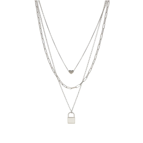 Naszyjnik potrójny z sercem i kłódką srebro rodowane