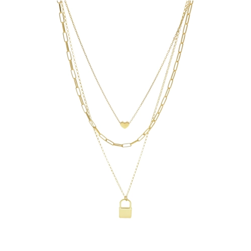 Naszyjnik potrójny z sercem i kłódką srebro pozłacane