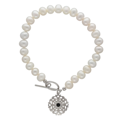 Bransoletka z perłami z małym ażurem srebro rodowane