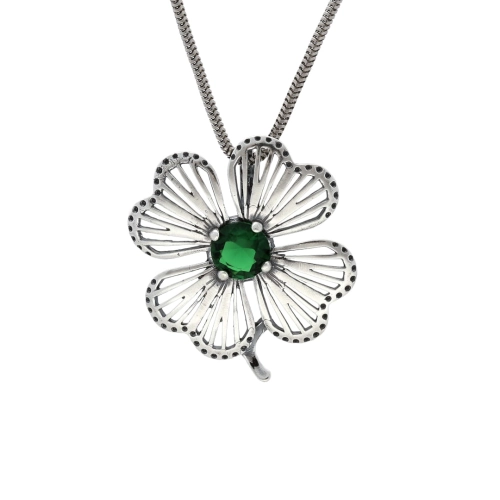 Wisiorek koniczyna z szmaragdową cyrkonią srebro oksydowane