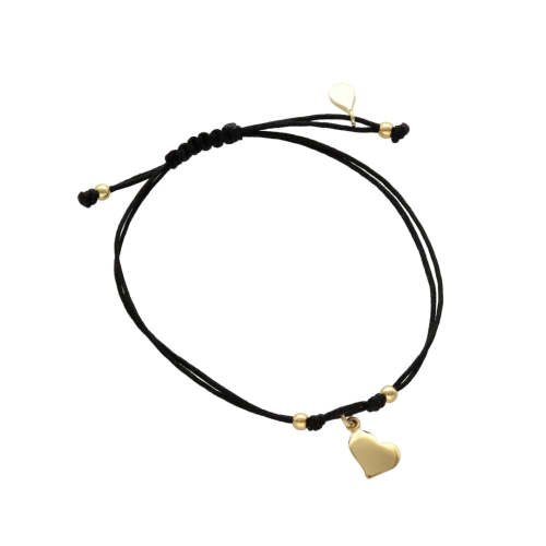 Bransoletka sznurkowa serce gładkie czarna srebro pozłacane