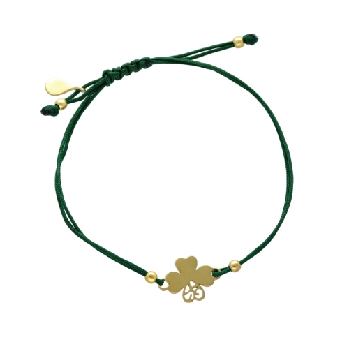 Bransoletka sznurkowa koniczynka zielona pozłacana