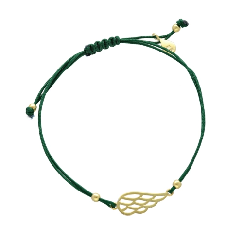 Bransoletka sznurkowa skrzydło anioła zielona pozłacana