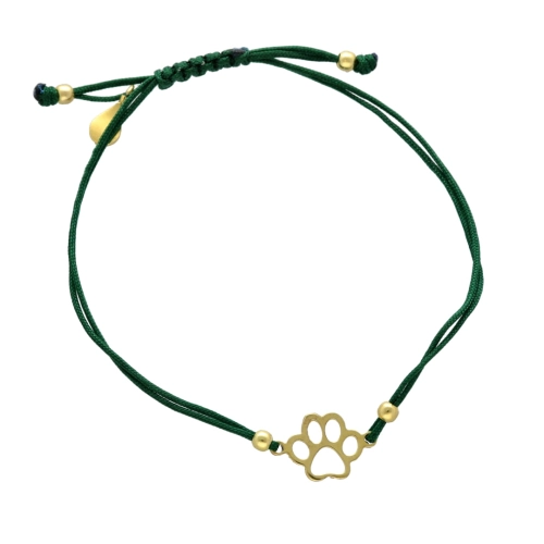 Bransoletka sznurkowa łapa psa zielona pozłacana