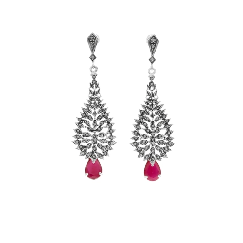 Efektowne kolczyki z rubinami i markazytami srebro